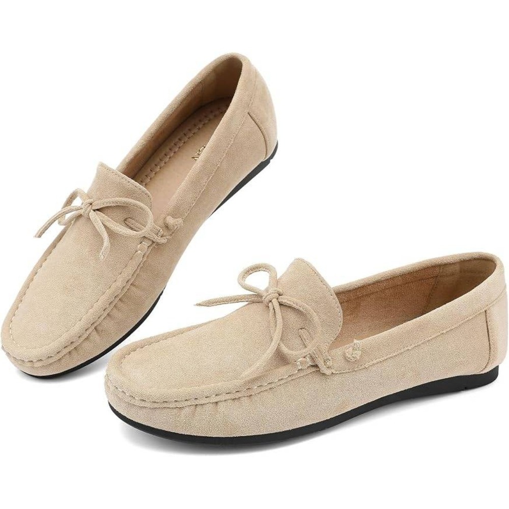 Sand Faux Suede Driving Moccasin Loafers Car Shoes Bow Slip On Flats NIB Sz 8